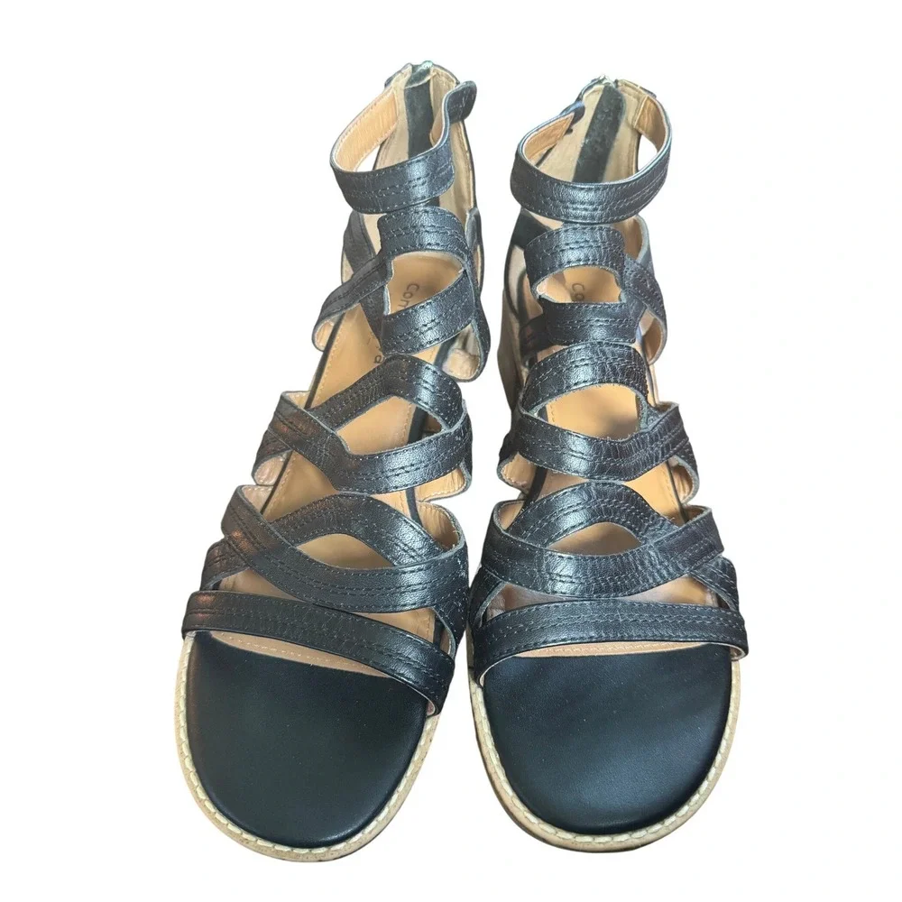 Comfortiva Womens Fayth Black Leather Strappy Gladiator Block Heel Sandals 8